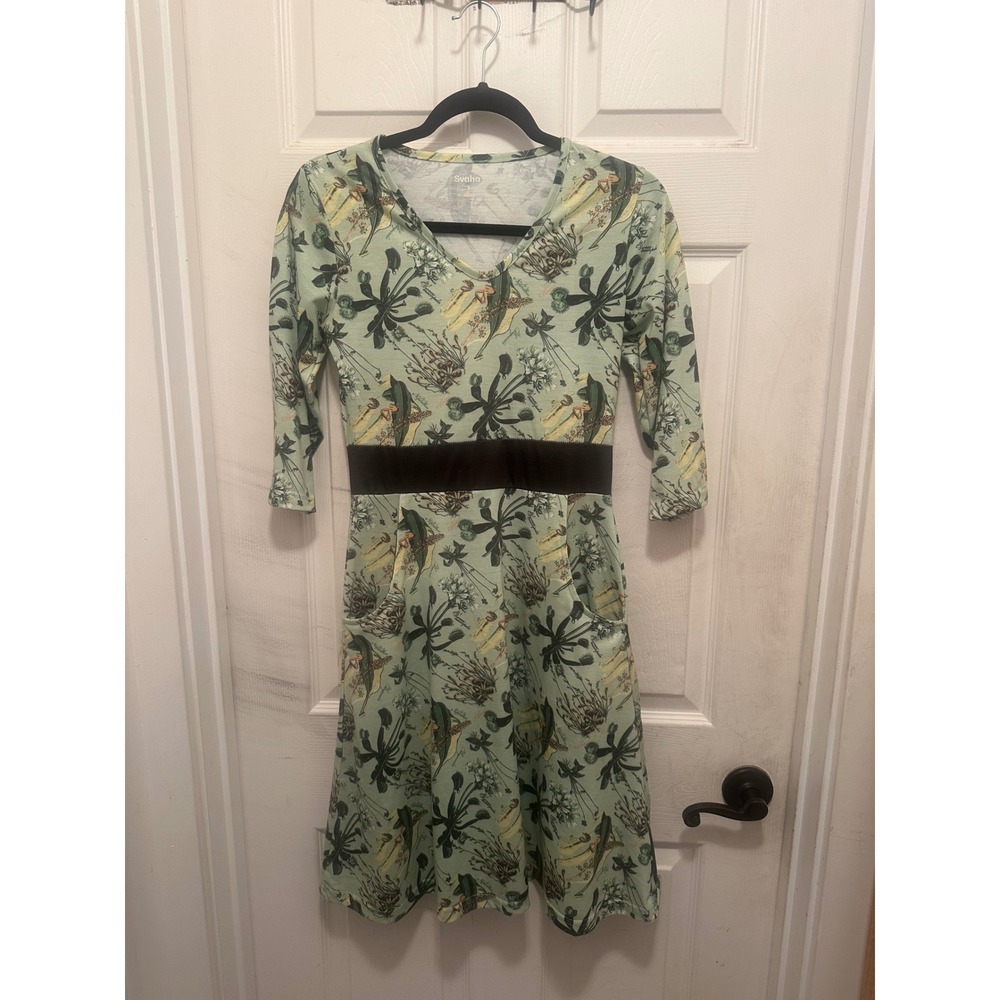 Svaha Carnivorous Plants Botanical Print V-Neck Pocket Midi Dress Green XS
